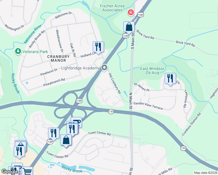 map of restaurants, bars, coffee shops, grocery stores, and more near 9 Montgomery Court in East Windsor