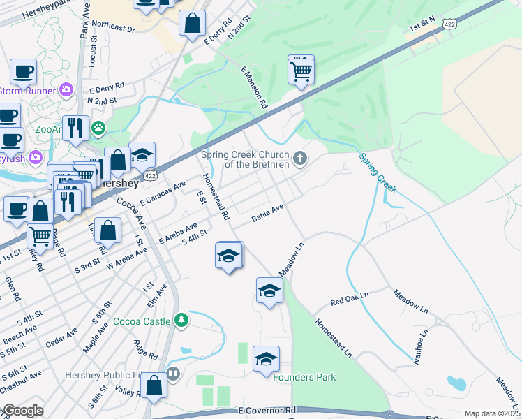 map of restaurants, bars, coffee shops, grocery stores, and more near 255 Bahia Avenue in Hershey