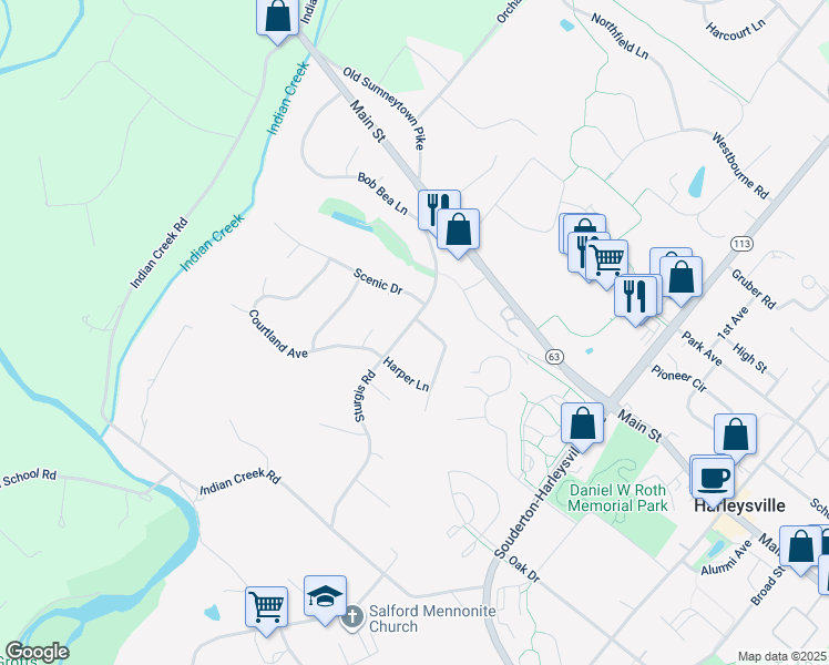 map of restaurants, bars, coffee shops, grocery stores, and more near 324 Sturgis Road in Harleysville