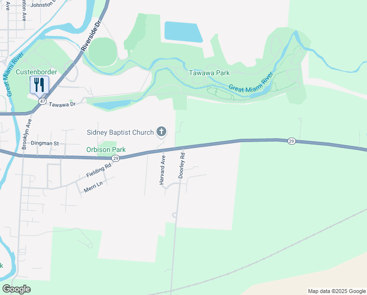 map of restaurants, bars, coffee shops, grocery stores, and more near 1401 East Court Street in Sidney