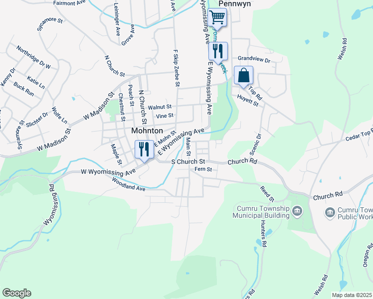 map of restaurants, bars, coffee shops, grocery stores, and more near 62 Main Street in Mohnton