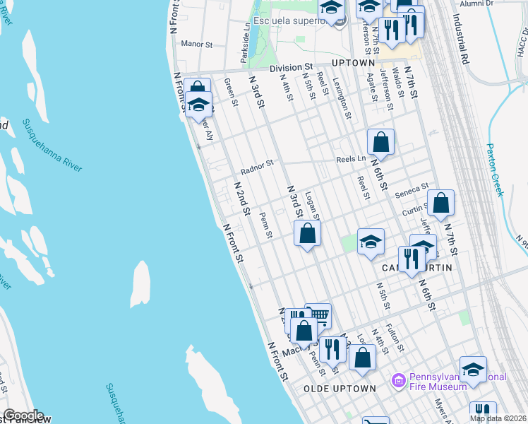 map of restaurants, bars, coffee shops, grocery stores, and more near 2419 Penn Street in Harrisburg