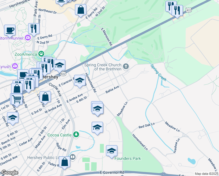 map of restaurants, bars, coffee shops, grocery stores, and more near 255 Bahia Avenue in Hershey