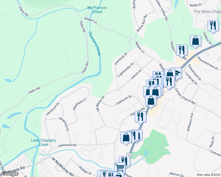 map of restaurants, bars, coffee shops, grocery stores, and more near 138 Mount Blaine Drive in Canonsburg
