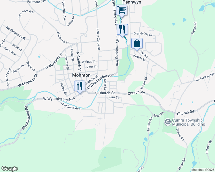 map of restaurants, bars, coffee shops, grocery stores, and more near 62 Main Street in Mohnton