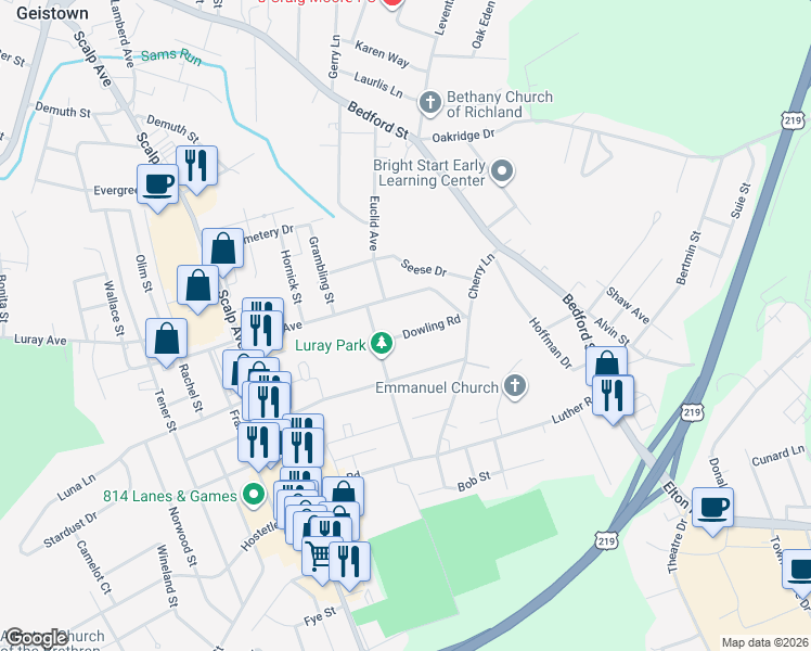 map of restaurants, bars, coffee shops, grocery stores, and more near 210 Dowling Road in Johnstown
