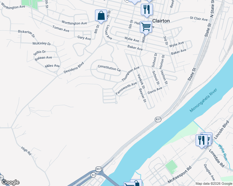 map of restaurants, bars, coffee shops, grocery stores, and more near 610 Farnsworth Avenue in Clairton