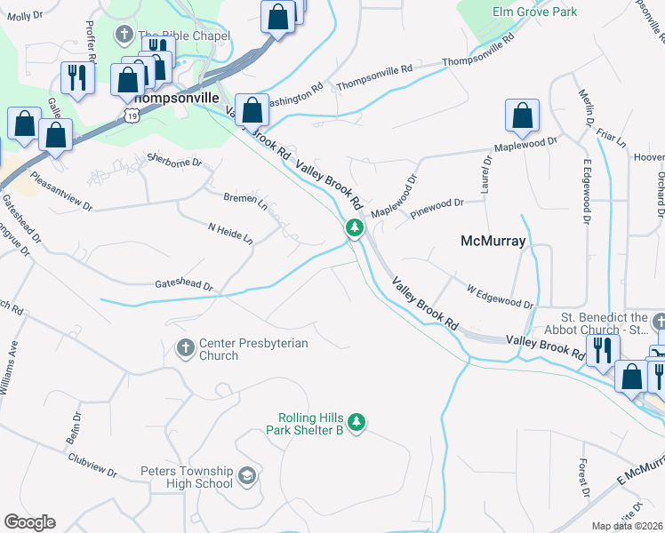 map of restaurants, bars, coffee shops, grocery stores, and more near Arrowhead Trail (spur) in Canonsburg