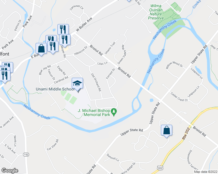 map of restaurants, bars, coffee shops, grocery stores, and more near 242 Forrest Drive in Chalfont