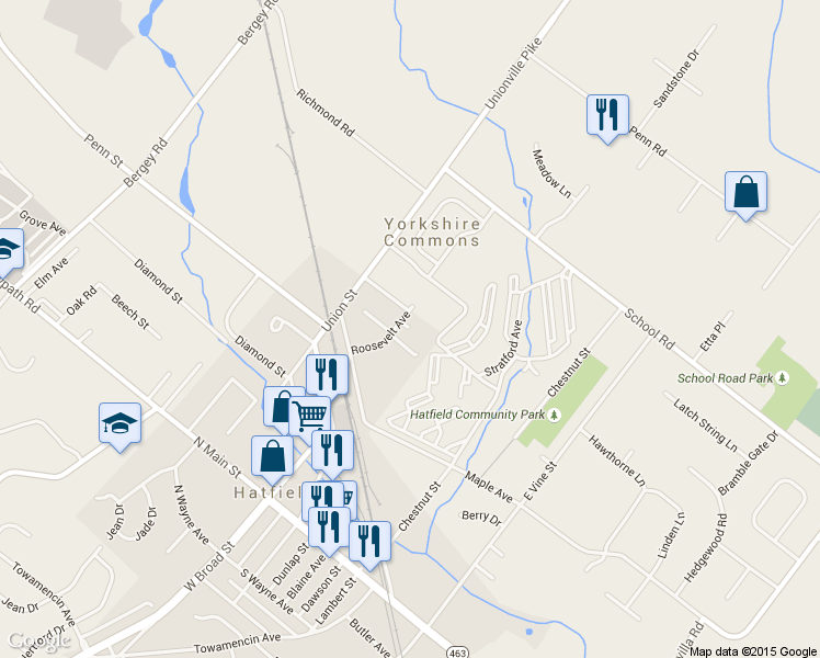 map of restaurants, bars, coffee shops, grocery stores, and more near 116 South Girard Terrace in Hatfield