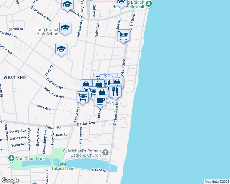 map of restaurants, bars, coffee shops, grocery stores, and more near 616 Ocean Avenue in Long Branch