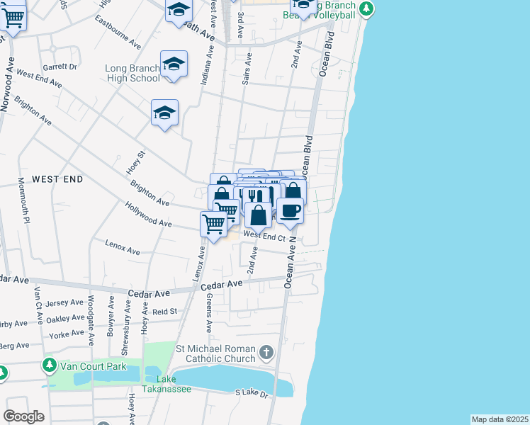 map of restaurants, bars, coffee shops, grocery stores, and more near 10 West End Court in Long Branch