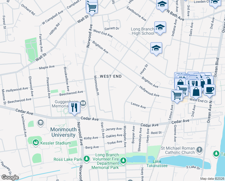 map of restaurants, bars, coffee shops, grocery stores, and more near 675 Westwood Avenue in Long Branch