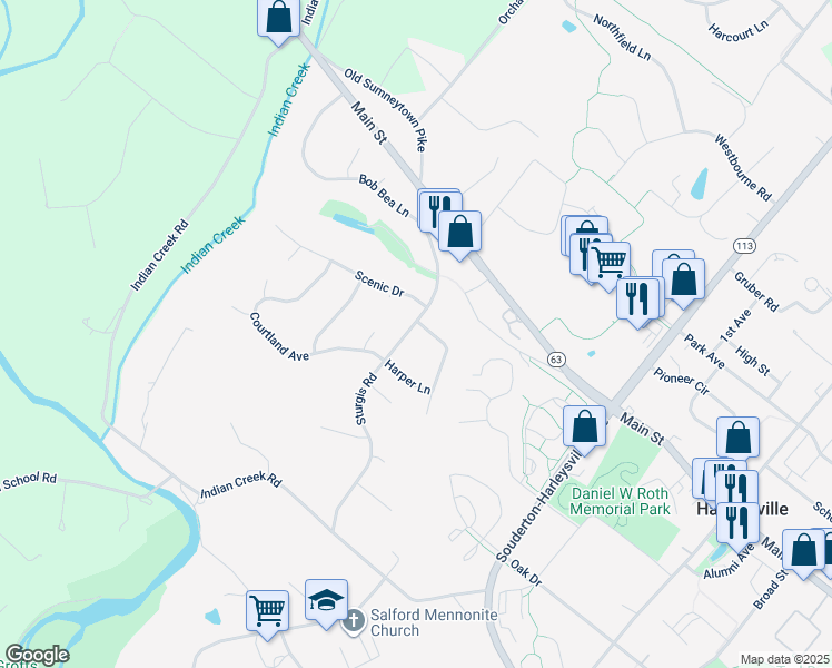 map of restaurants, bars, coffee shops, grocery stores, and more near 324 Sturgis Road in Harleysville