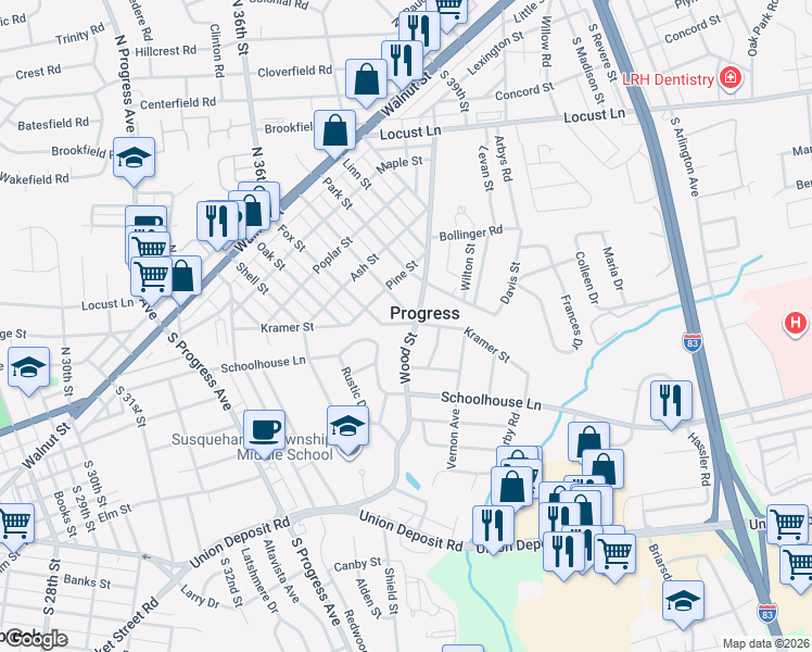 map of restaurants, bars, coffee shops, grocery stores, and more near 508 Wood Street in Harrisburg