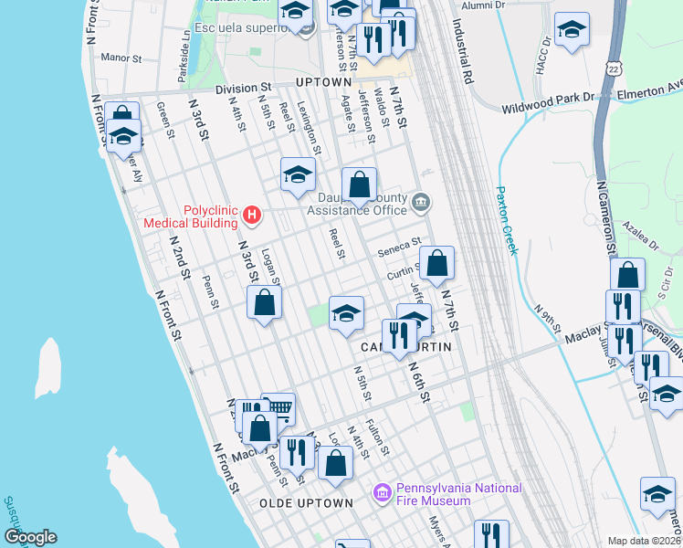 map of restaurants, bars, coffee shops, grocery stores, and more near 502 Curtin Street in Harrisburg