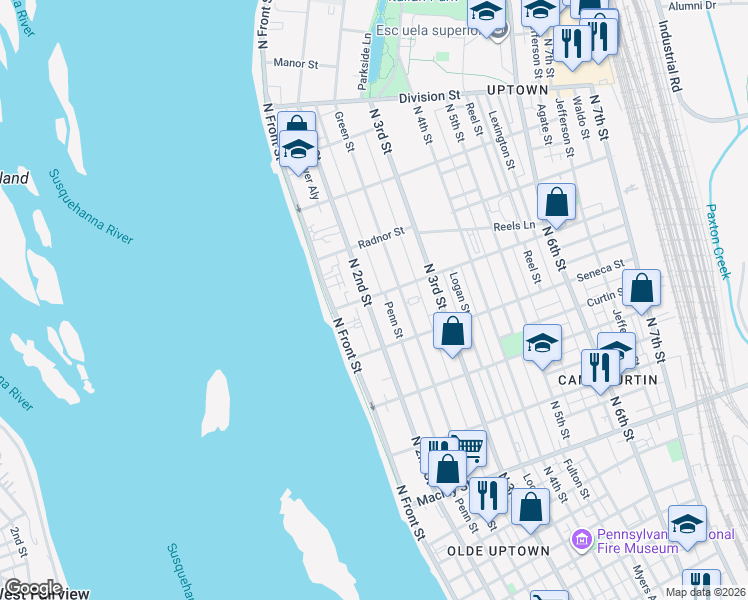 map of restaurants, bars, coffee shops, grocery stores, and more near 2419 Penn Street in Harrisburg