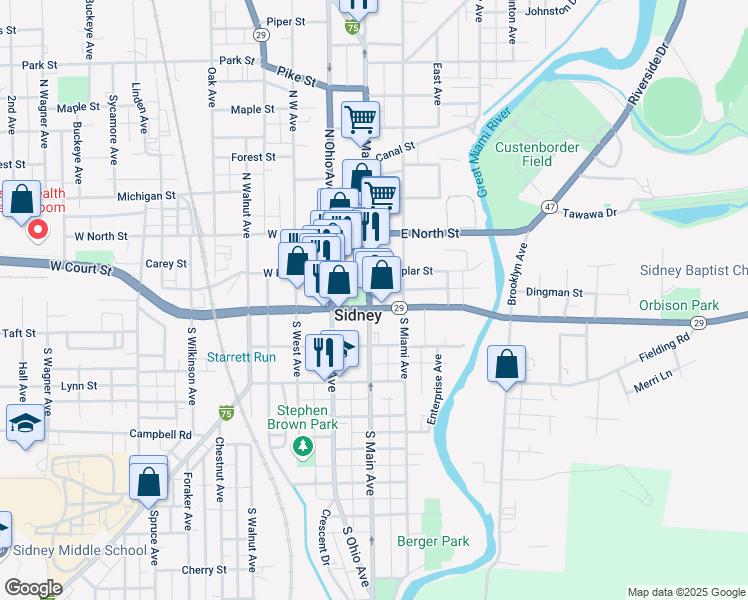map of restaurants, bars, coffee shops, grocery stores, and more near 298 S Main Ave in Sidney