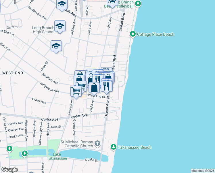 map of restaurants, bars, coffee shops, grocery stores, and more near 616 Ocean Avenue in Long Branch