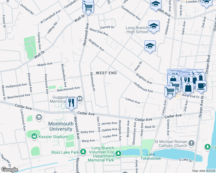 map of restaurants, bars, coffee shops, grocery stores, and more near 675 Westwood Avenue in Long Branch