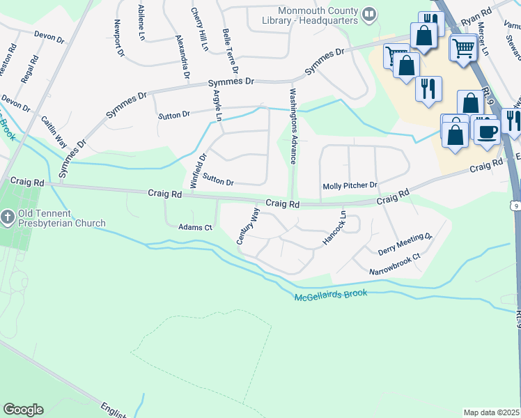 map of restaurants, bars, coffee shops, grocery stores, and more near 414 Dorchester Way in Manalapan Township