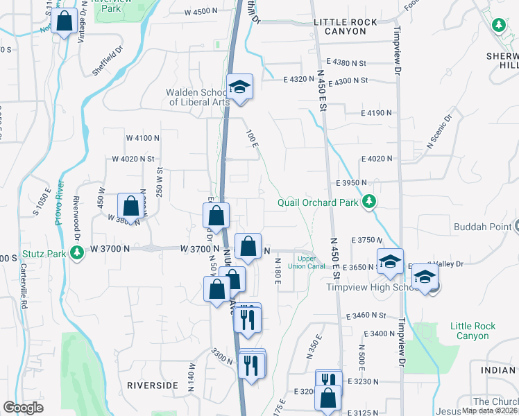 map of restaurants, bars, coffee shops, grocery stores, and more near 3857 North 100 East Street in Provo