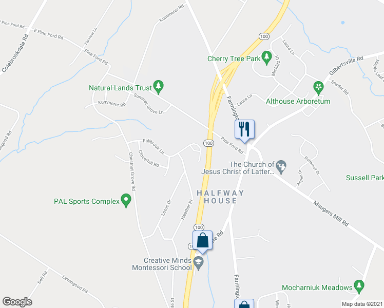 map of restaurants, bars, coffee shops, grocery stores, and more near 1503 Maywood Lane in Pottstown