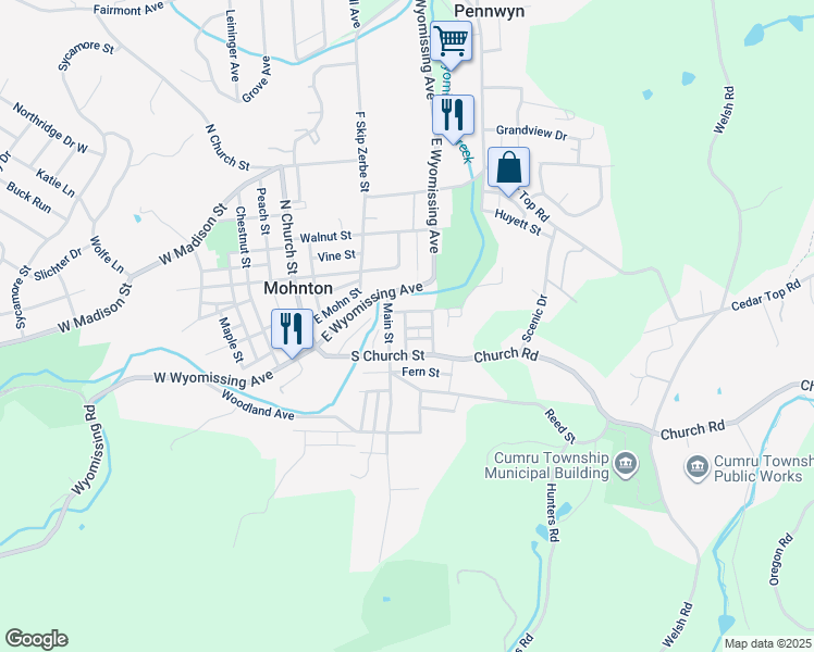 map of restaurants, bars, coffee shops, grocery stores, and more near 16 Front Street in Mohnton