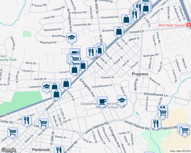 map of restaurants, bars, coffee shops, grocery stores, and more near 3430 Old Orchard Road in Harrisburg