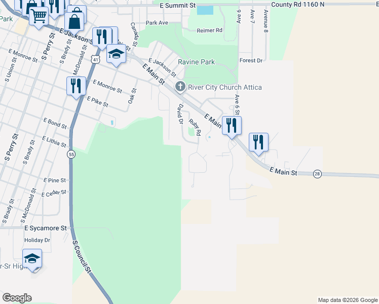 map of restaurants, bars, coffee shops, grocery stores, and more near 119-123 David Drive in Attica