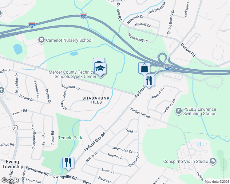 map of restaurants, bars, coffee shops, grocery stores, and more near 118 Bull Run Road in Ewing Township