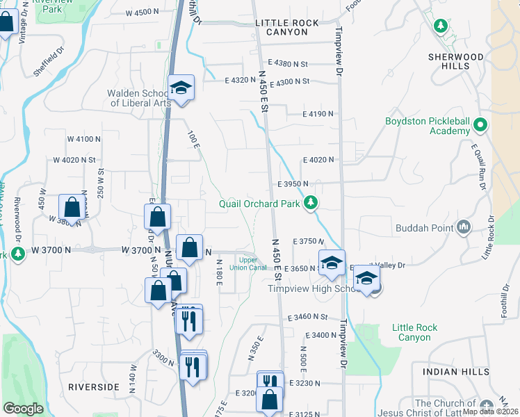 map of restaurants, bars, coffee shops, grocery stores, and more near 4876 North 300 East in Provo