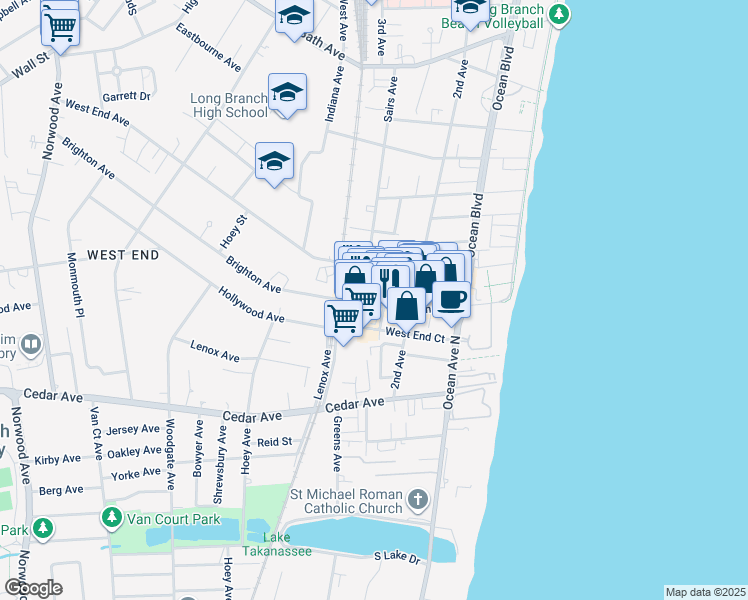 map of restaurants, bars, coffee shops, grocery stores, and more near 540 Broadway in Long Branch