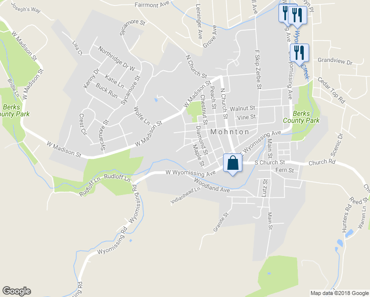 map of restaurants, bars, coffee shops, grocery stores, and more near 106 Pear Street in Mohnton
