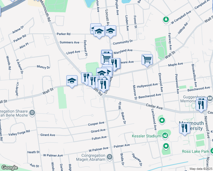 map of restaurants, bars, coffee shops, grocery stores, and more near 200 Wall Street in West Long Branch
