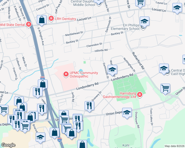 map of restaurants, bars, coffee shops, grocery stores, and more near 806 Sequoia Drive in Harrisburg