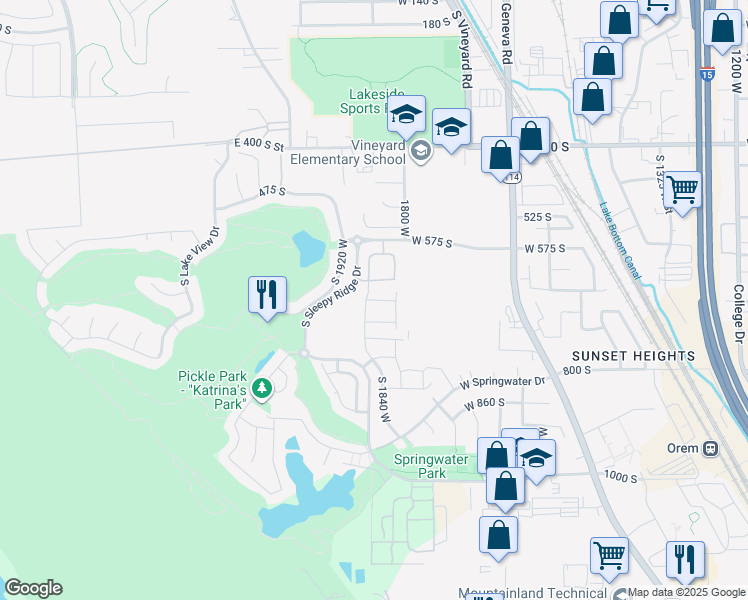 map of restaurants, bars, coffee shops, grocery stores, and more near 1848 Shadow Brook Drive in Orem