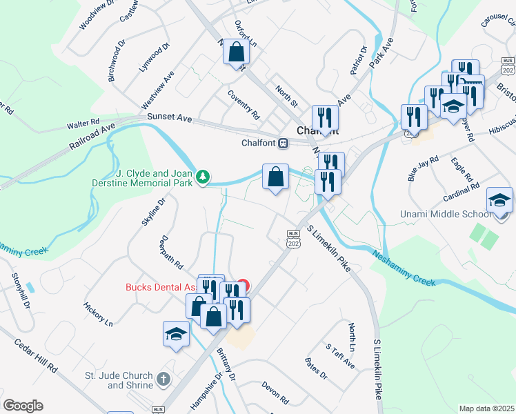 map of restaurants, bars, coffee shops, grocery stores, and more near 106 Oak Avenue in Chalfont