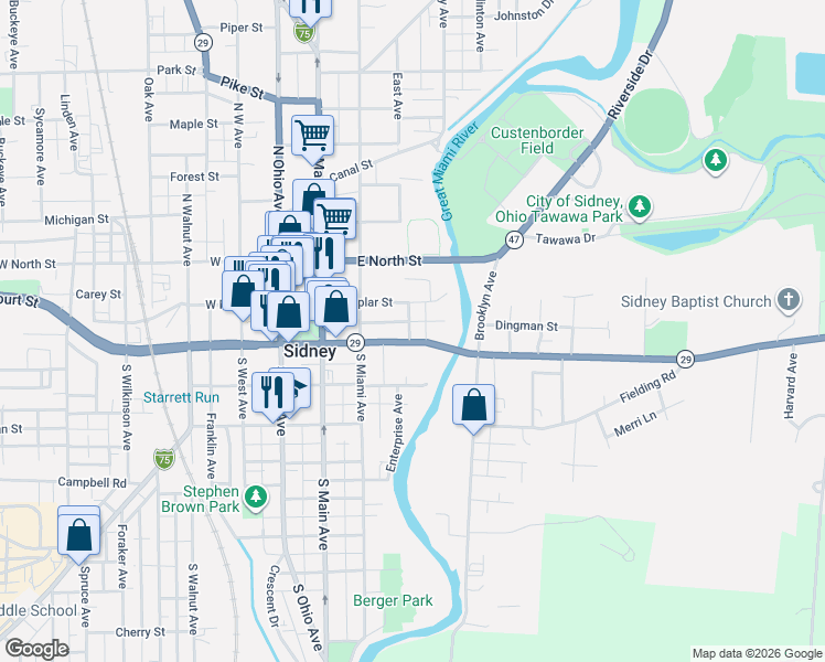 map of restaurants, bars, coffee shops, grocery stores, and more near 405 East Poplar Street in Sidney