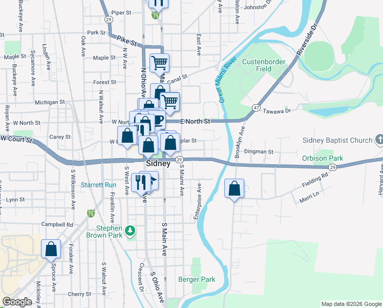 map of restaurants, bars, coffee shops, grocery stores, and more near 315 1/2 East Poplar Street in Sidney