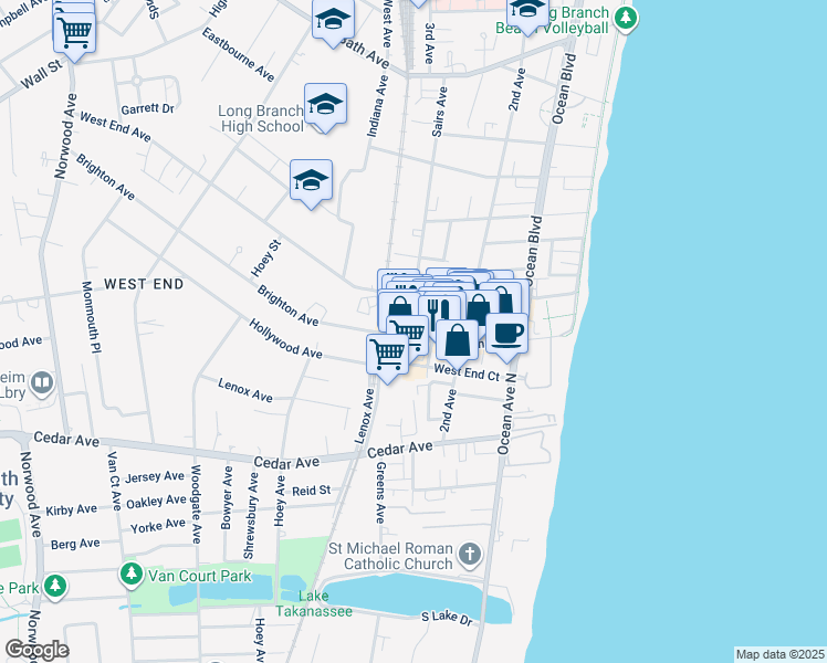 map of restaurants, bars, coffee shops, grocery stores, and more near 540 Broadway in Long Branch