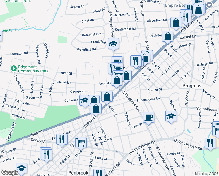 map of restaurants, bars, coffee shops, grocery stores, and more near 3203 Hillside Street in Harrisburg