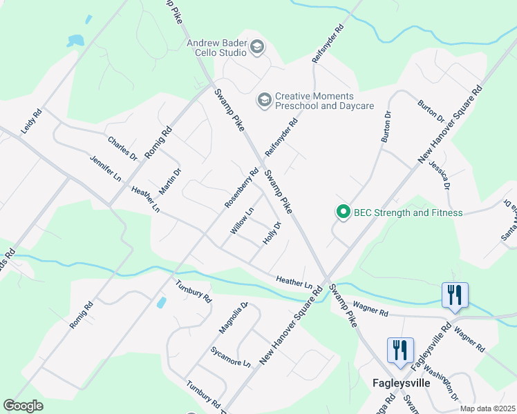 map of restaurants, bars, coffee shops, grocery stores, and more near 2606 Willow Lane in Gilbertsville