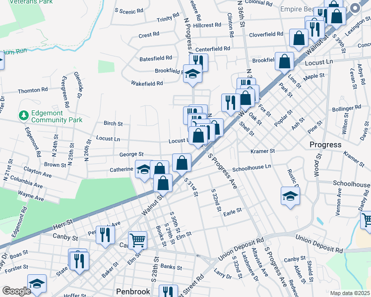 map of restaurants, bars, coffee shops, grocery stores, and more near 3203 Hillside Street in Harrisburg