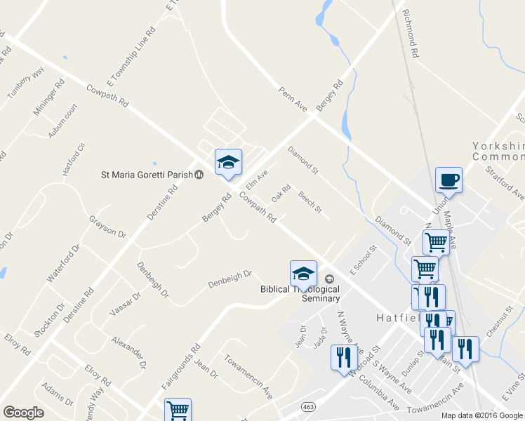 map of restaurants, bars, coffee shops, grocery stores, and more near 2000 Oak Road in Hatfield