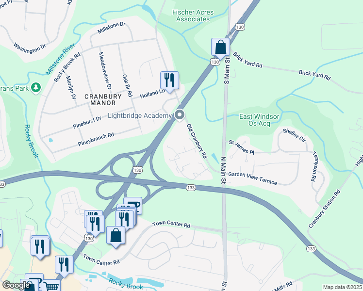 map of restaurants, bars, coffee shops, grocery stores, and more near 3 Williamson Court in East Windsor