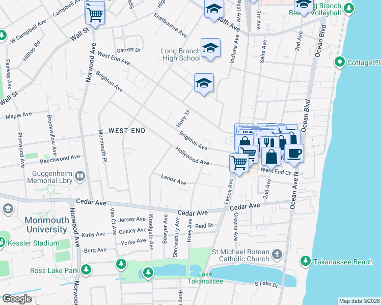 map of restaurants, bars, coffee shops, grocery stores, and more near 264 Brighton Avenue in Long Branch