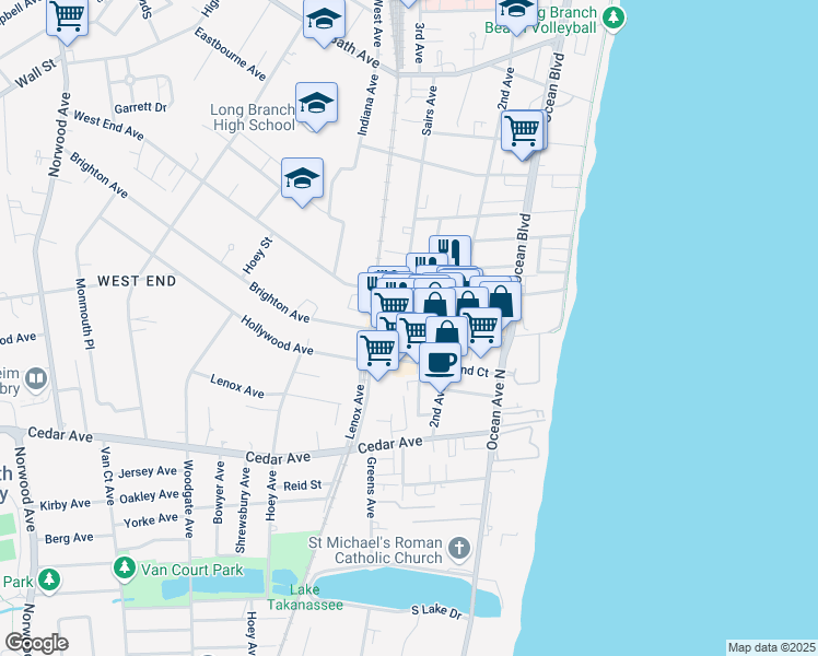 map of restaurants, bars, coffee shops, grocery stores, and more near 540 Broadway in Long Branch