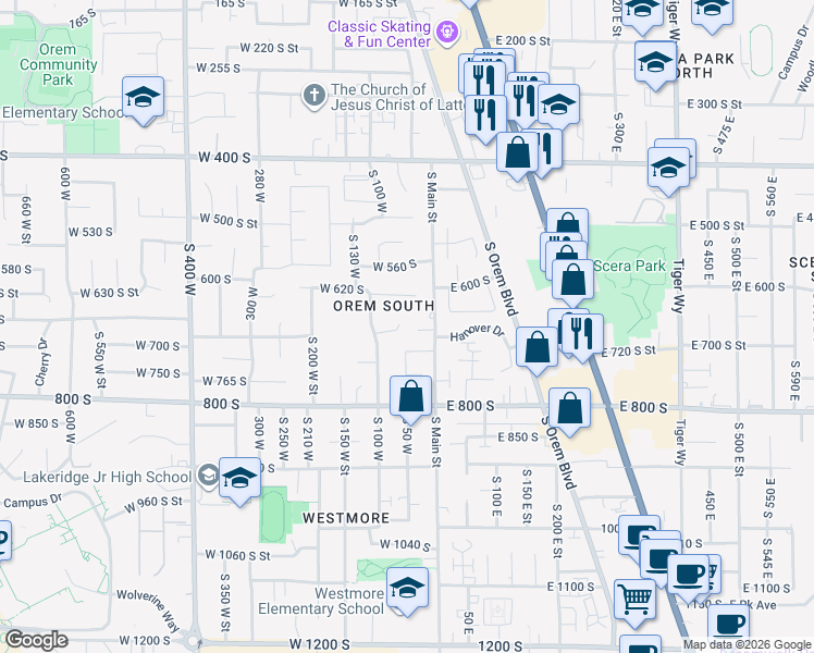 map of restaurants, bars, coffee shops, grocery stores, and more near 54 West 680 South in Orem