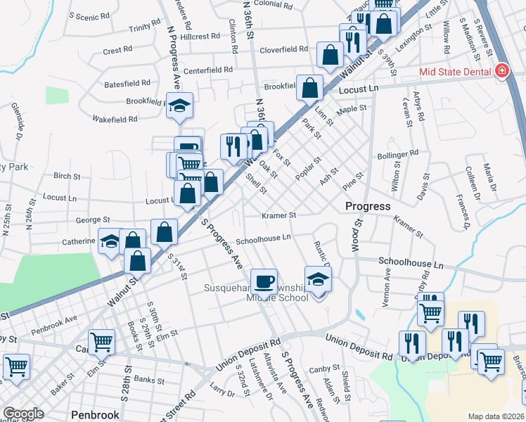 map of restaurants, bars, coffee shops, grocery stores, and more near 109 Shell Street in Harrisburg